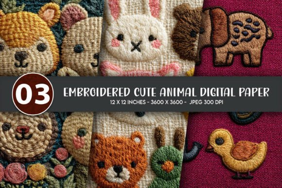 Download Embroidered Cute Animal Digital Paper - Cute animal digital paper Collection