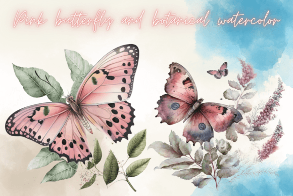Download Pink Butterfly and Botanical Watercolor - Botanical watercolor Collection