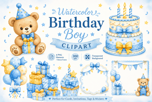 Download Watercolor Birthday Boy Card Elements - Birthday Collection