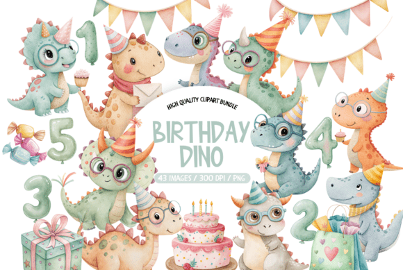 Download Cute Birthday Dino Clipart Set - Birthday Collection